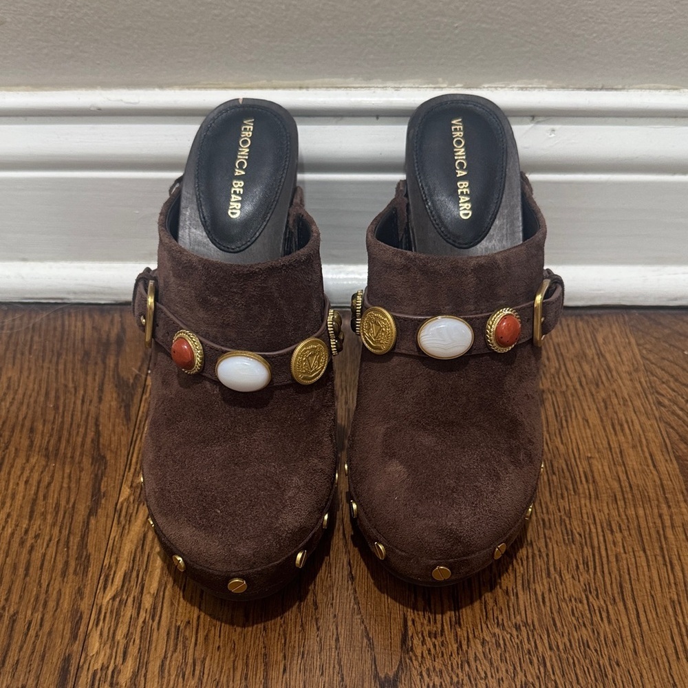 Veronica Beard Giana Charms Espresso Brown Suede Platform Clogs Mules 6 - Picture 3 of 11